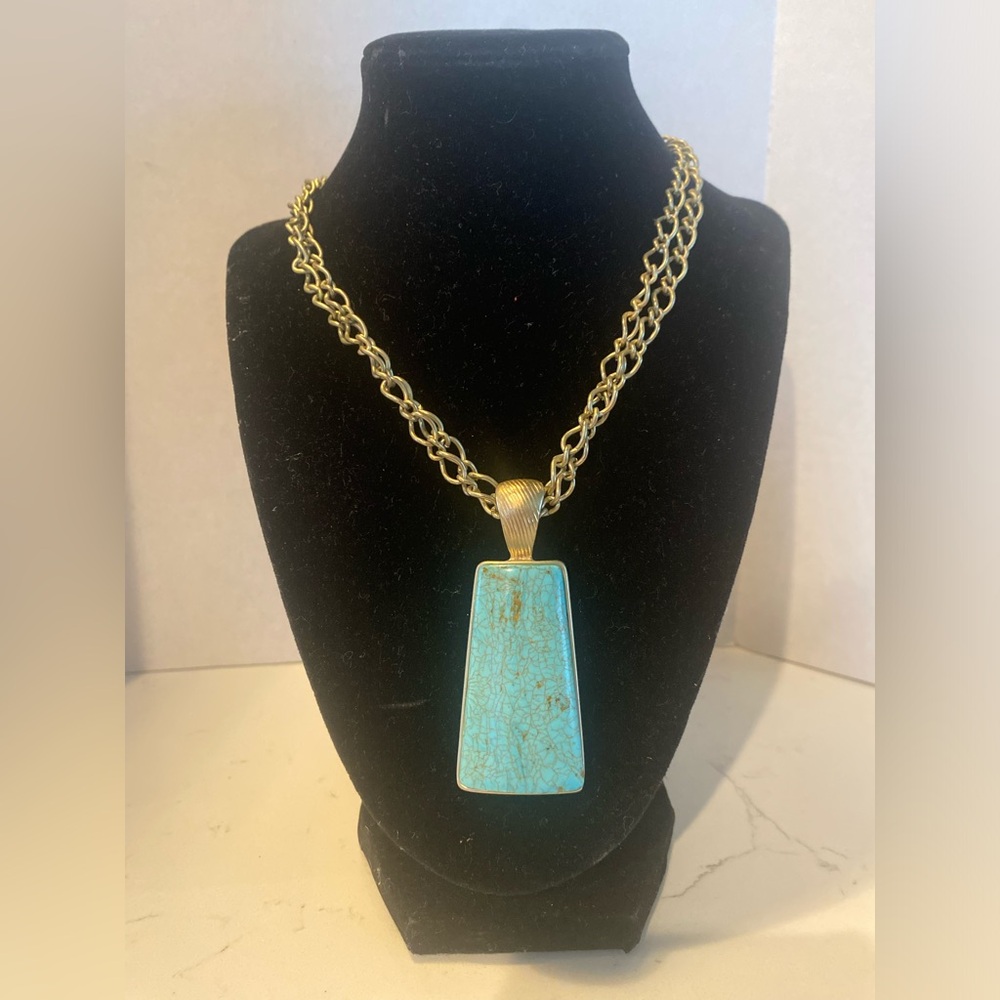 Double Gold Chain Necklace with Turquoise Pendant